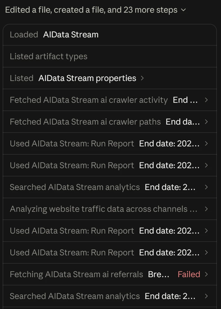 Claude's step list showing AI Data Stream tool calls for AI crawler activity, crawler paths, GA4 reports and Search Console, with one AI referrals call marked Failed