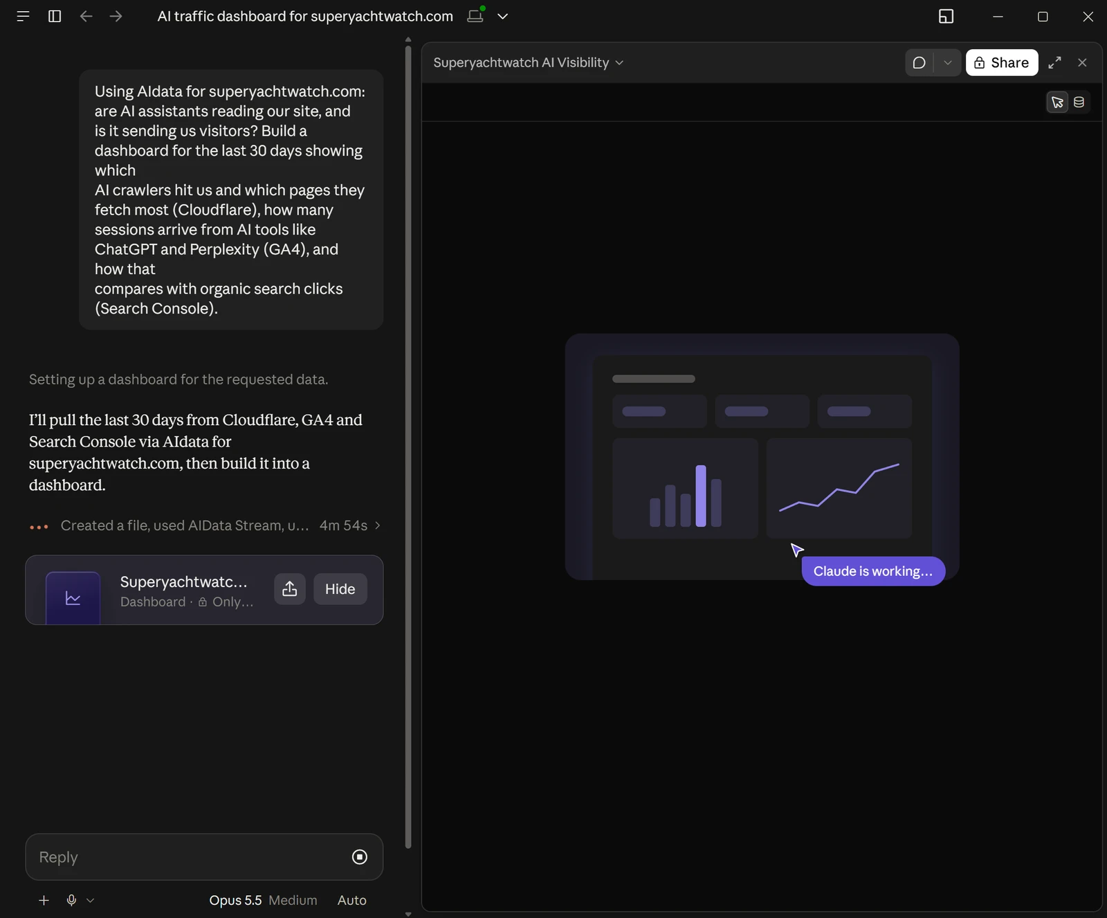 The Claude desktop app building a dashboard: the prompt and Claude's plan on the left, a placeholder dashboard labelled Claude is working on the right