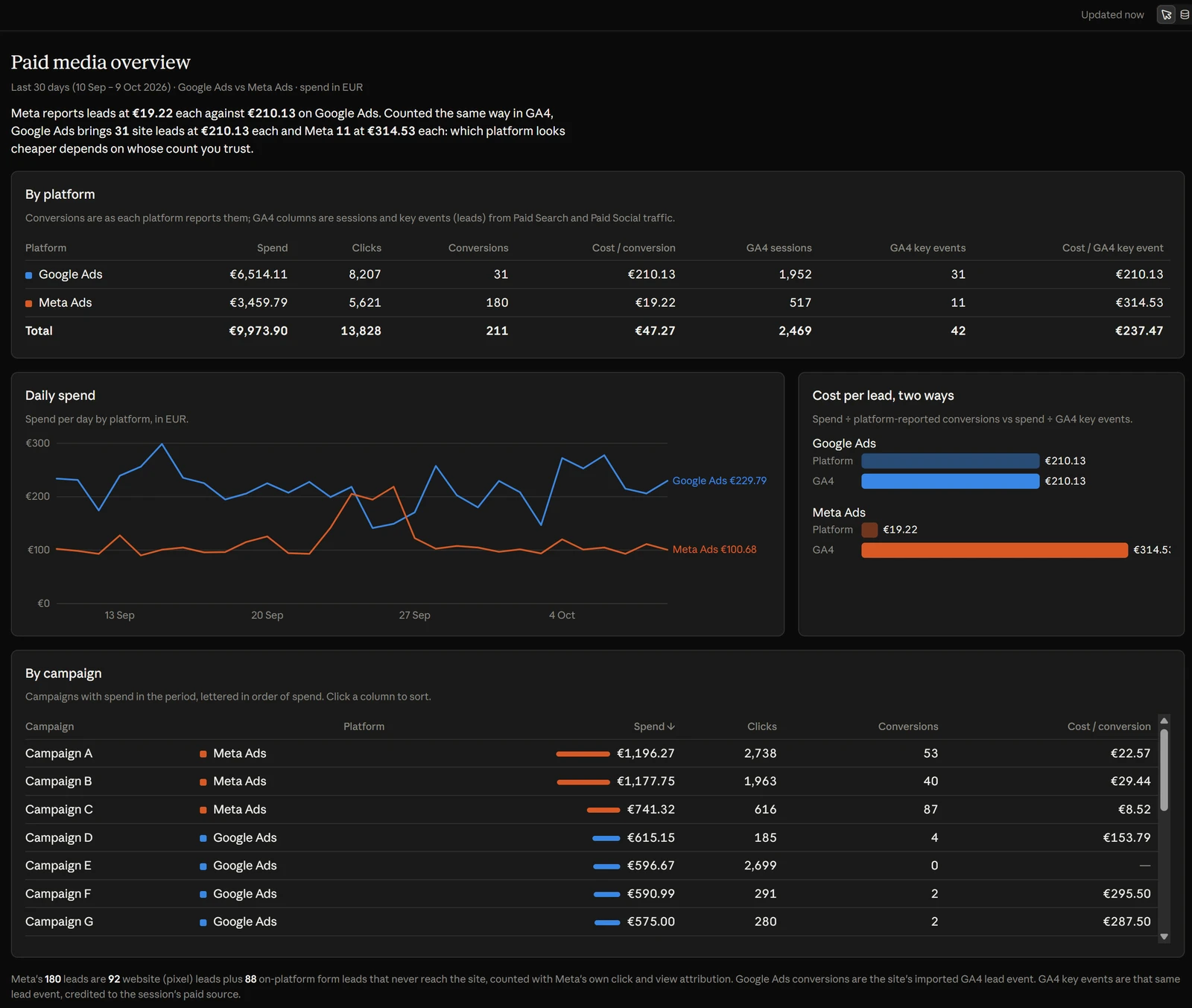 Paid media overview dashboard comparing Google Ads and Meta Ads: spend, clicks, conversions and cost per conversion by platform, a daily spend chart, cost per lead counted two ways, and a table of campaigns labelled Campaign A to G