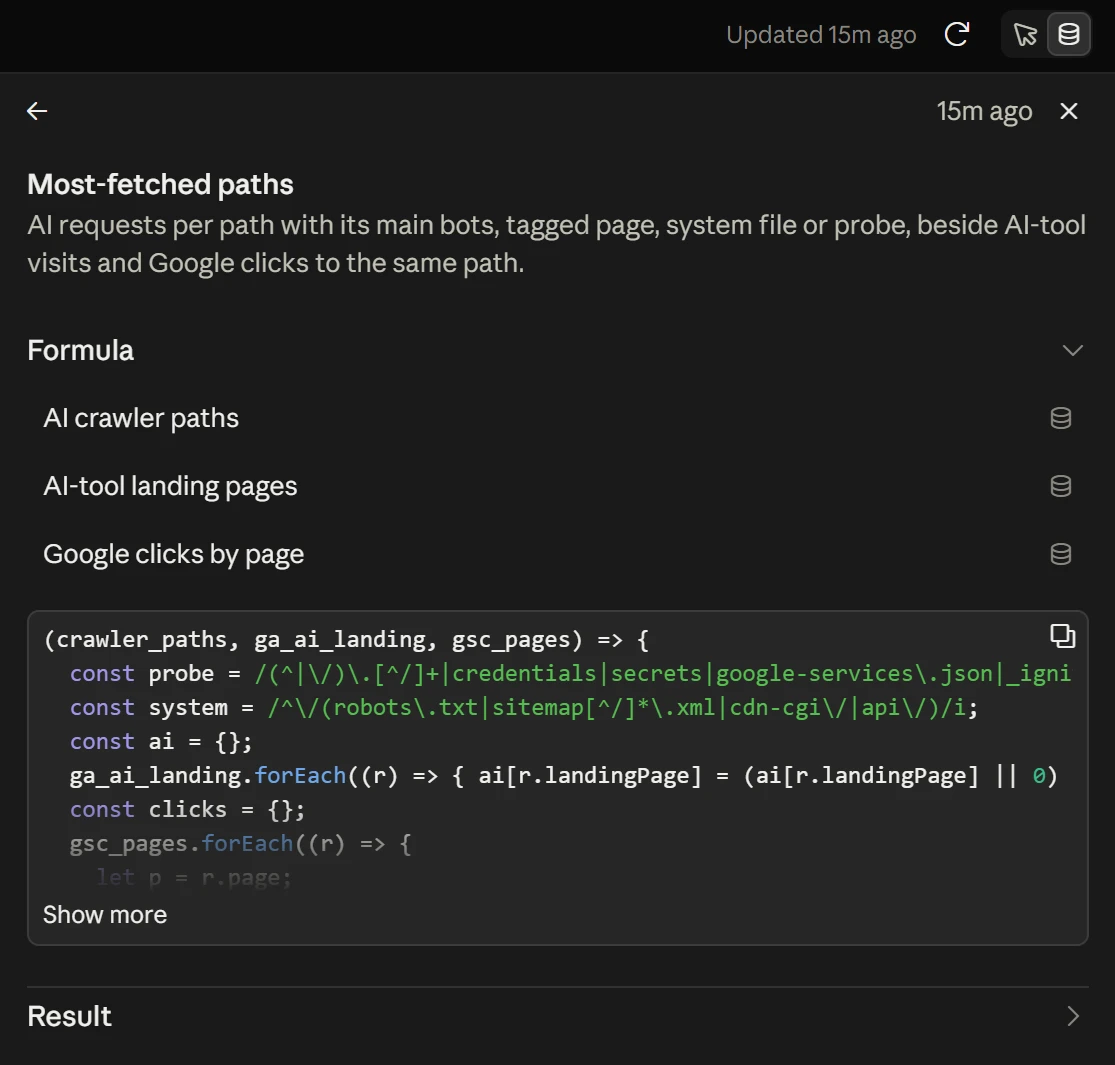 Formula view for Most-fetched paths, listing AI crawler paths, AI-tool landing pages and Google clicks by page as inputs above the JavaScript that joins them