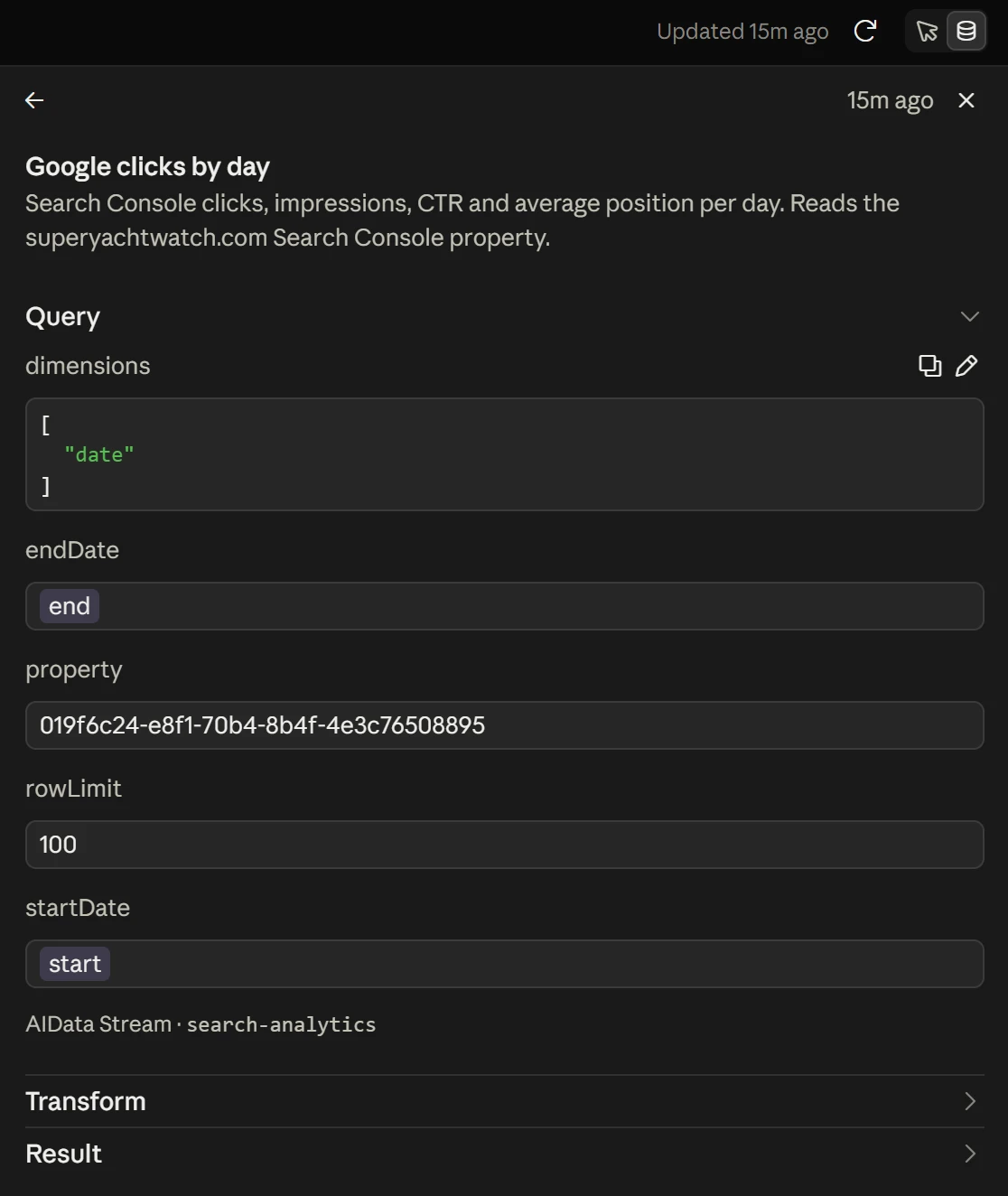 Sources panel for Google clicks by day, showing the AI Data Stream search-analytics tool with its dimensions, property, row limit and start and end date variables
