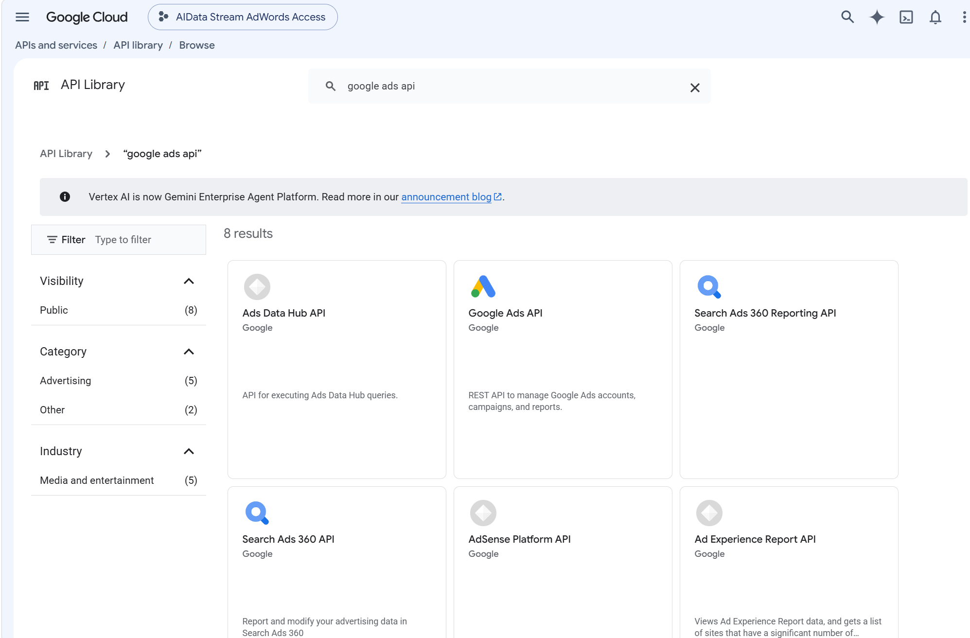 Google Cloud API Library search results for “google ads api”, with the Google Ads API result among them