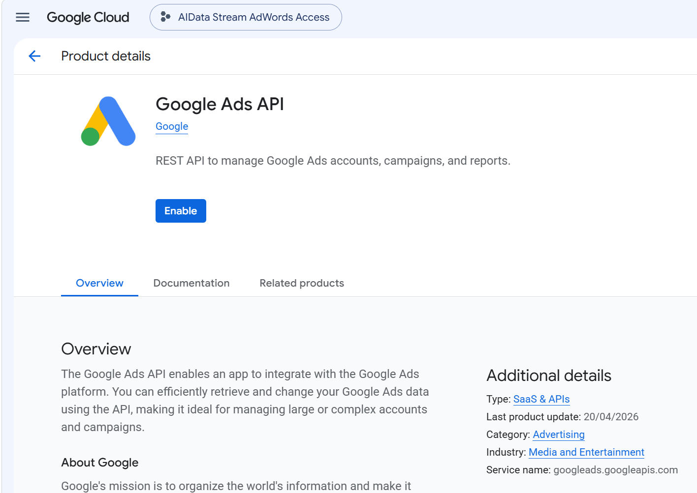 The Google Ads API product page in Google Cloud with the Enable button