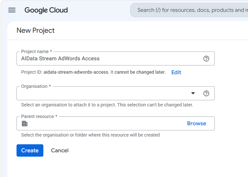 Google Cloud Console New Project form with a project name entered and the generated project ID shown below it