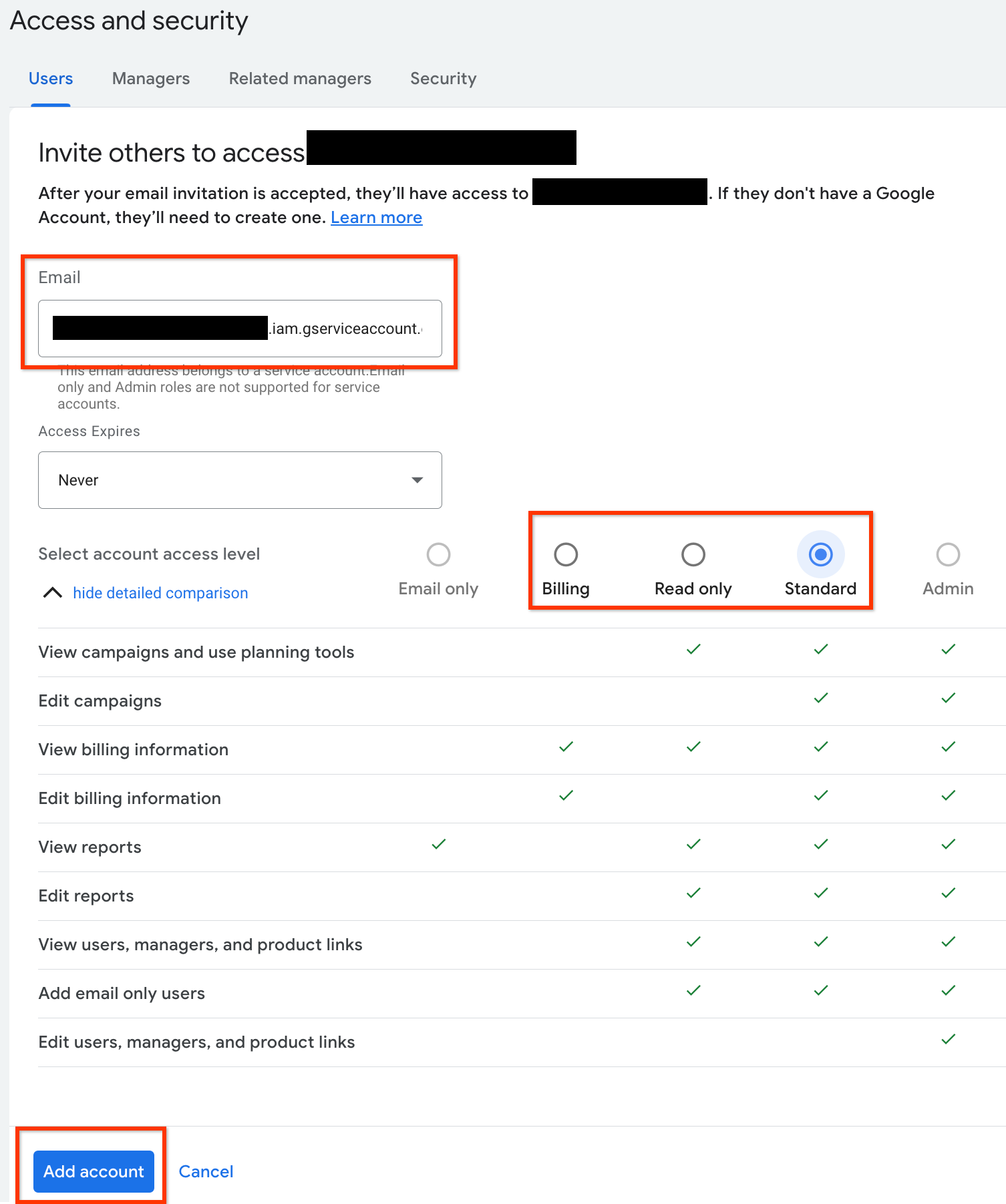 Google Ads “Invite others” form with a service account email entered and the access level options highlighted